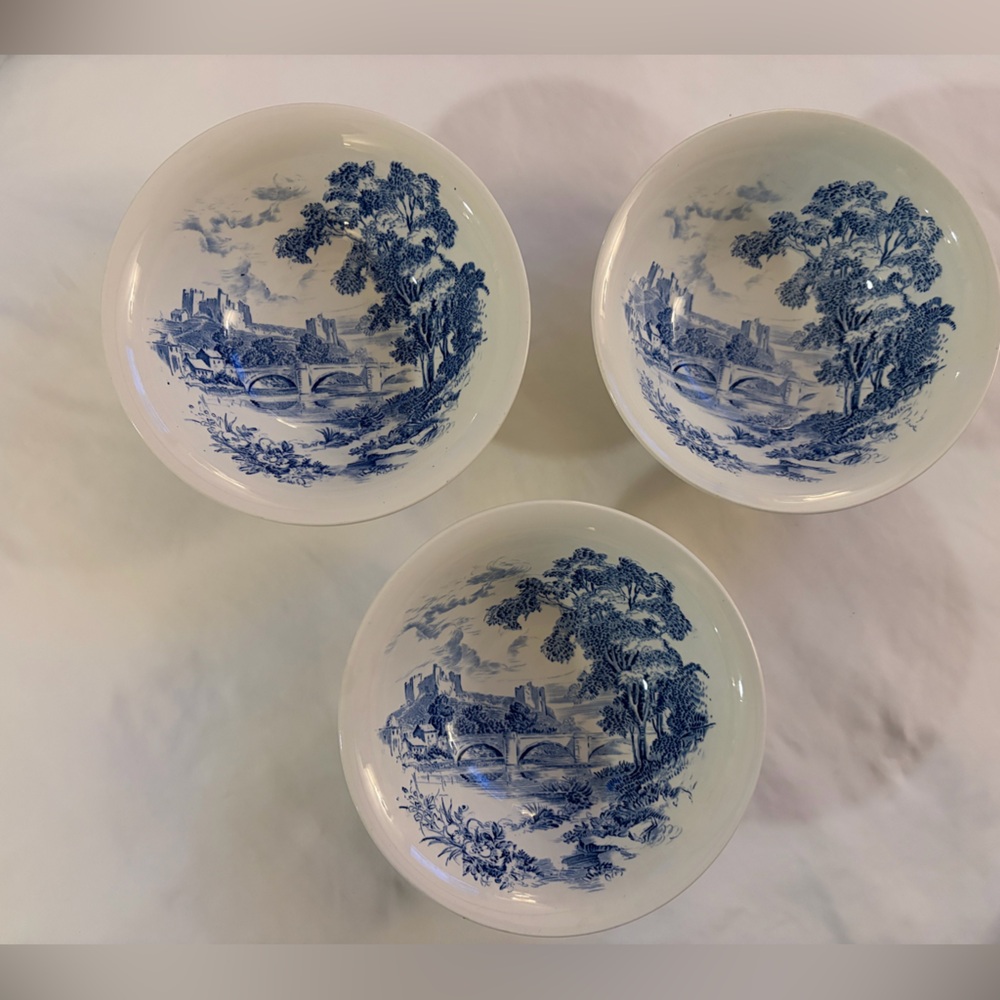 Vintage Wedgwood Countryside Blue Transferware Bowls 9” England Set of 3